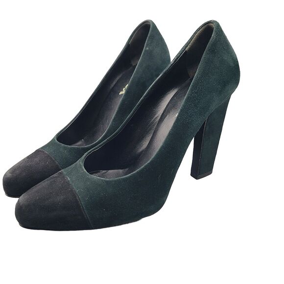 Prada Heel Pumps Shoes Donna Calzature Green Black Suede Cap Toe Sz 6 36 Used - Picture 2 of 10